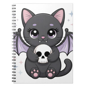 Caderno Espiral Gato Preto com Asas de Morcego Roxas Abraçando uma