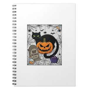 Caderno Espiral Gato Preto de Halloween Abóbora Lápide Caldeirão