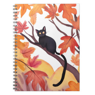 Caderno Espiral Gato Preto em uma Árvore Outono Espiritual Fofo