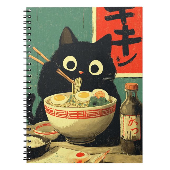 Caderno Espiral Gato Preto Engraçado Comendo Ramen (Frente)