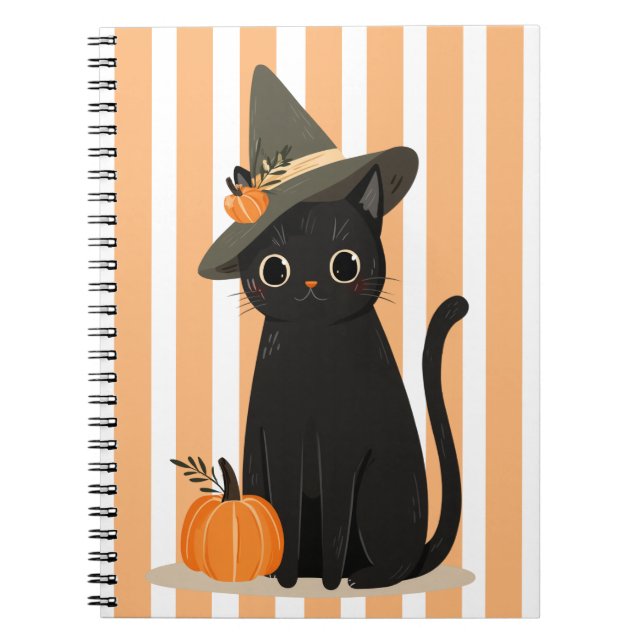 Caderno Espiral Gato Preto Fofo de Halloween com Chapéu de Bruxa e (Frente)