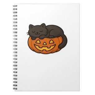 Caderno Espiral Gato Preto Fofo e Sonolento em uma Abóbora na Essê