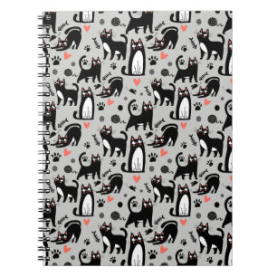 Caderno Espiral Gato Preto Fofo Padrão Sem Costura Em Cinza Claro