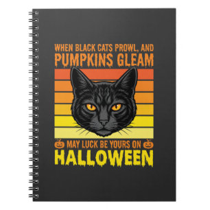 Caderno Espiral Gato Preto Gráfico de Abóbora Vintage de Halloween