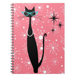 Caderno Espiral Gato Preto MCM Moderno de Meio século da Era Atômi