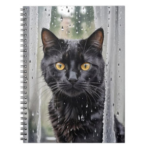 Caderno Espiral Gato Preto Na Janela Molhada