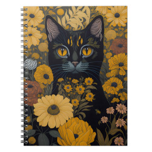 Caderno Espiral Gato Preto Olhos Amarelos Flores Vintage