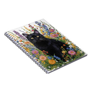 Caderno Espiral Gato preto pintado à mão e Arte de Bordados Florai