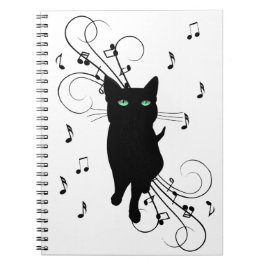 Caderno Espiral Gato Preto Rodeado por Notas Musicais Sussurrantes