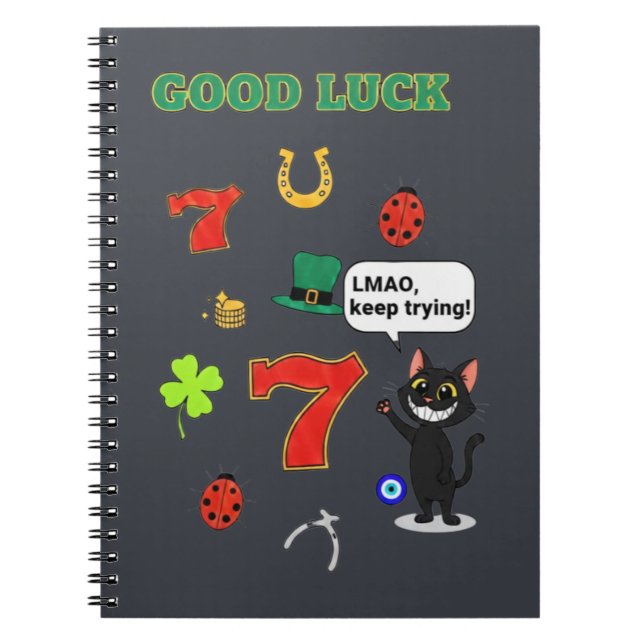 Caderno Espiral Gato preto sarcástico e amuletos da sorte (Frente)