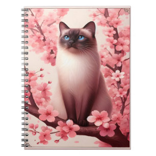 Caderno Espiral Gato siamês, cereja japonesa, flor florada rosa