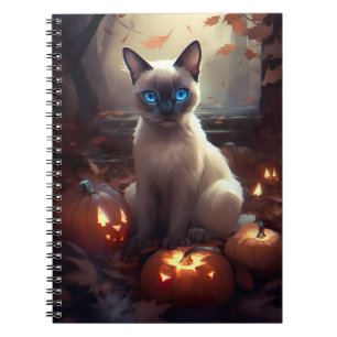 Caderno Espiral Gato Siamês do Halloween Com Pumpkins Assustado