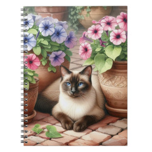 Caderno Espiral Gato Siames e Flores de Petúnia 