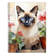 Gato Siames Flor Vermelha Caprichoso Fofo Aquarela