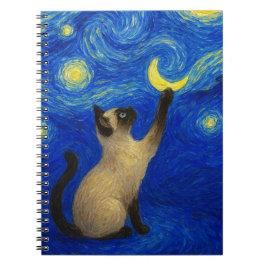 Caderno Espiral Gato Siames Noite Estrelada Lua