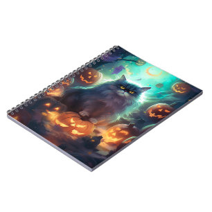Caderno Espiral Gato Siberiano De Halloween Com Pumpkins Assustado