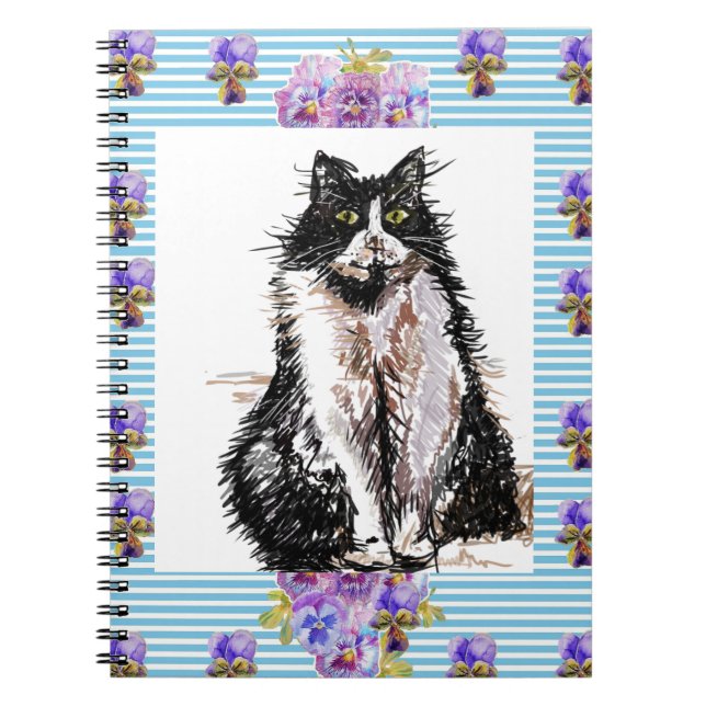 Caderno Espiral Gato Smoking Preto e Branco Gatos Meninas Azul Flo (Frente)