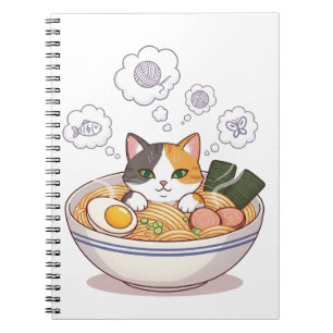 Caderno Espiral Gato Sonolento em Tigela de Ramen – Desenho Animad