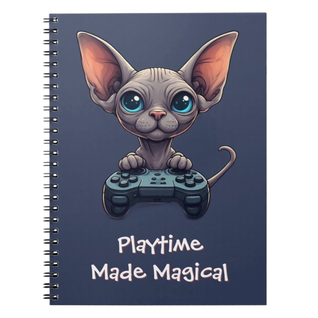 Caderno Espiral Gato Sphynx Segurando Controle de Jogo (Frente)