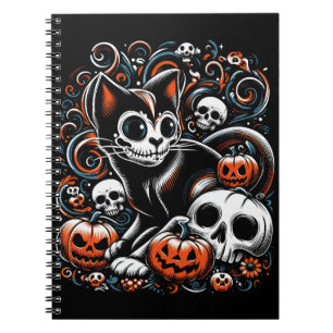 Caderno Espiral Gato Spooky com crânios