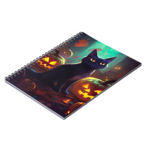 Caderno Espiral Gato Tuxedo de Halloween com Abóboras Assustador