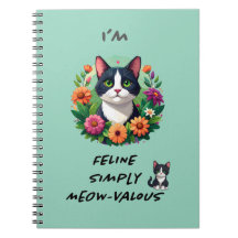 Caderno espiral gato Tuxedo floral amantes de gato