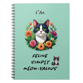 Caderno espiral gato Tuxedo floral amantes de gato