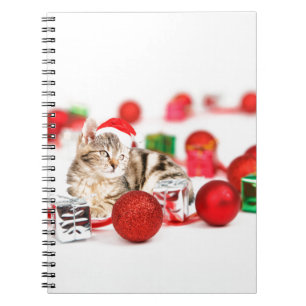 Caderno Espiral Gato usando enfeite de Natal chapéu vermelho de Pa