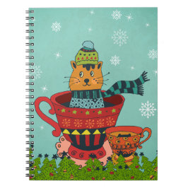 Caderno Espiral Gato Whimsso Sentado em um Natal Teacup