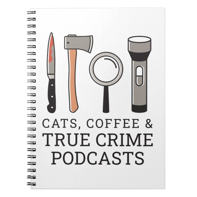 CADERNO ESPIRAL GATOS, CAFÉ E VERDADEIROS PODCASTES DE CRIME (Frente)