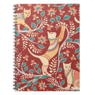 Caderno Espiral Gatos com ornamentos, ramos com flores e folhas
