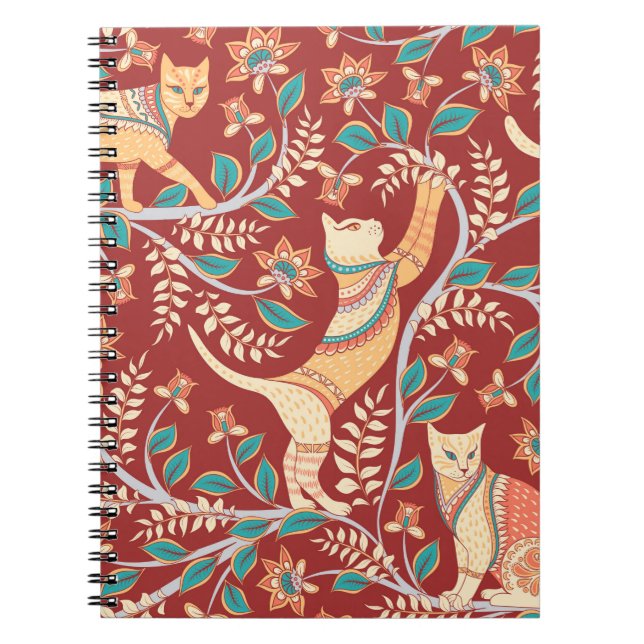 Caderno Espiral Gatos com ornamentos, ramos com flores e folhas (Frente)