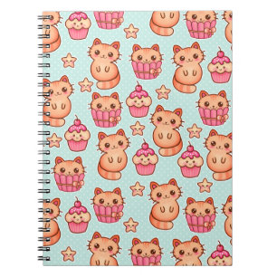Caderno Espiral Gatos Cute de Kawaii Cupcakes Rosa e Padrão Azul