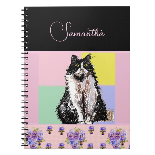 Caderno Espiral Gatos de Gato Tuxedo Meninas Rosa Pastel Personali (Frente)
