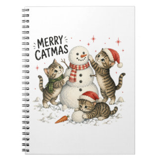 Caderno Espiral Gatos de Natal Construindo Boneco de Neve