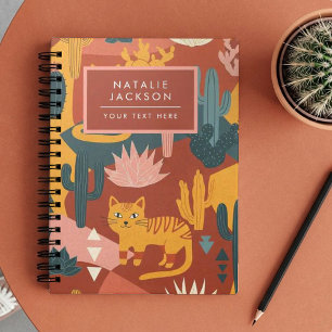 Caderno Espiral Gatos do Deserto Boho Fofos Padrão de Cacto Sucule
