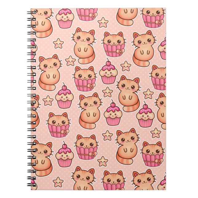 Caderno Espiral Gatos e Cupcakes Cutes Cons e Padrões Rosa (Frente)