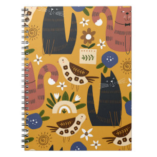 Caderno Espiral Gatos e Pássaros Vintage, Desenhados à Mão.