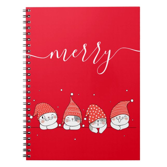 Caderno Espiral Gatos Festivos Cutâneos Kawaii, Cujo Fundo É Verme (Frente)