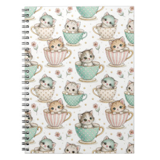 Caderno Espiral Gatos Fofos em Xícaras de Chá - Padrão de Design d