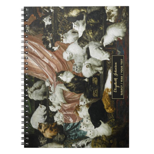 Caderno Espiral Gatos Fofos Gatinhos Arte Antiga Monograma Dourado (Frente)