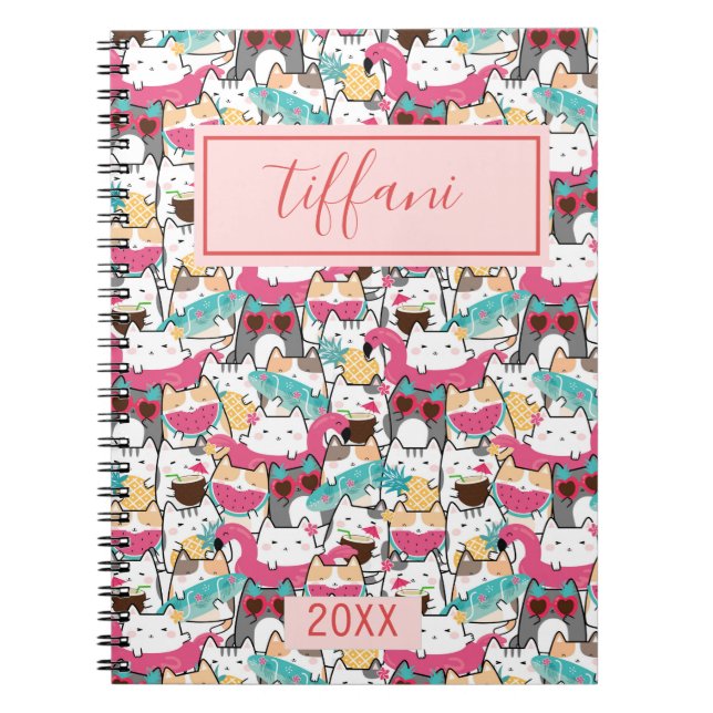 Caderno Espiral Gatos Gatinhos Gatinhos Gafanhotos de Verão Kawaii (Frente)