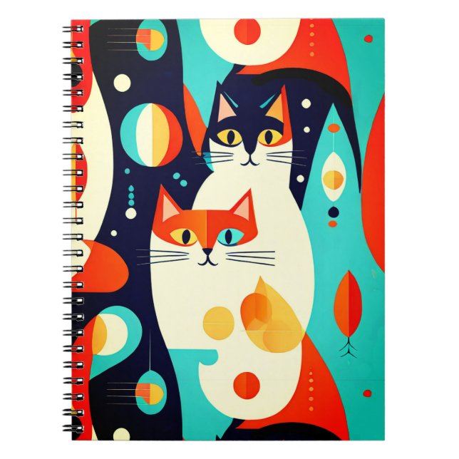 Caderno Espiral Gatos modernos do século médio num fundo Abstrato (Frente)
