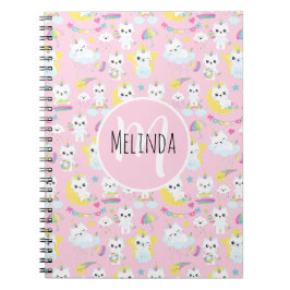 Caderno Espiral Gatos Unicórnio Fofos Padrão Rosa Claro