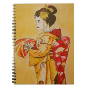Caderno Espiral Geisha gold kimono original de aquarela