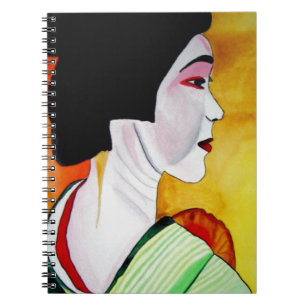 Caderno Espiral Geisha japonesa com arte original verde kimono