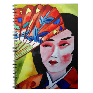 Caderno Espiral Geisha Japonesa com leque arte original em aquarel