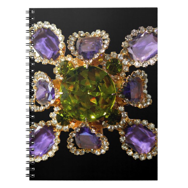 Caderno Espiral Gemstones verdes roxos de diamantes elegantes (Frente)
