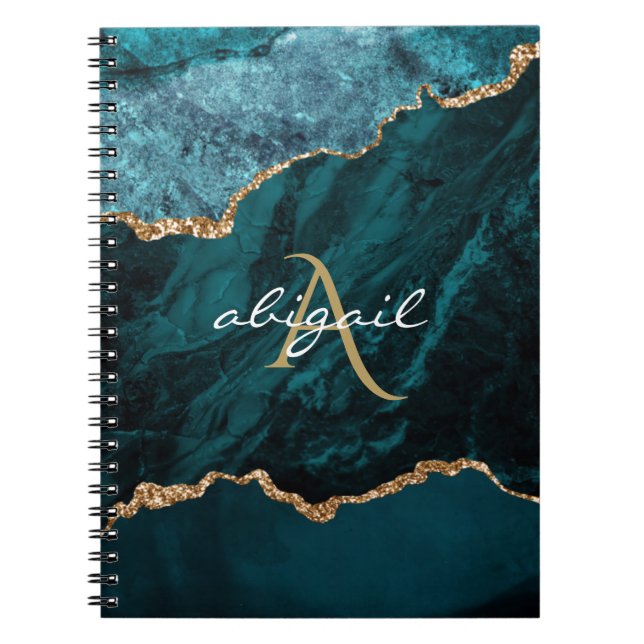 Caderno Espiral Geodo de Ágata Azul Teal Dourado Monograma (Frente)