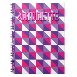 Caderno Espiral Geométrico Abstrato Retro Rosa Roxo & Nome Branco